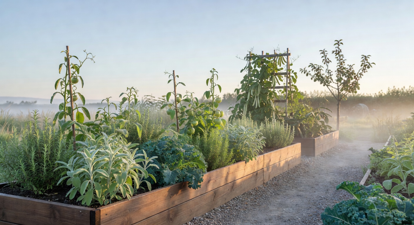 A wide backyard kitchen-garden at first light — a raised wooden bed of sage, rosemary, kale and tomato vines in the foreground, a trellis with climbing beans midground, a fruit tree at the right edge, fields fading into haze.