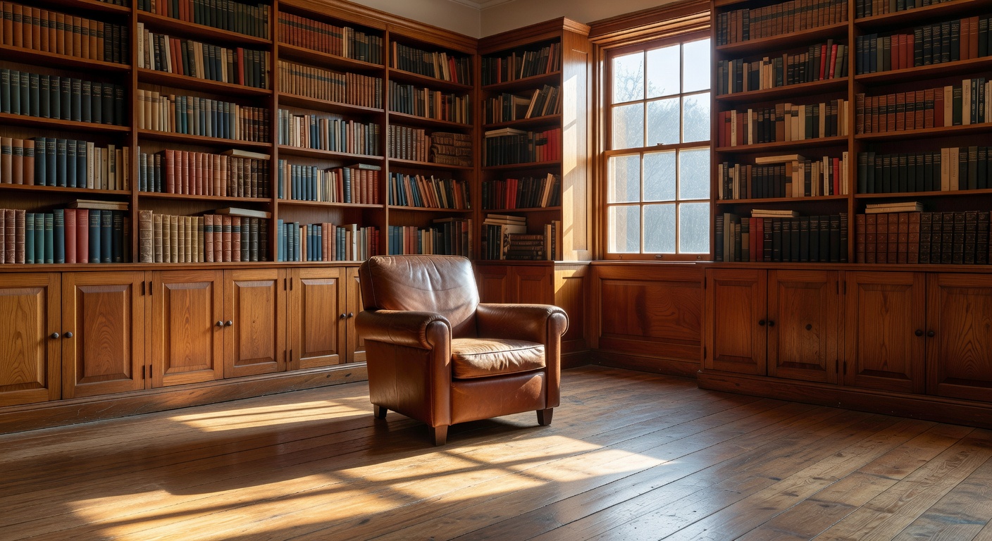 A wide quiet reading room interior at mid-afternoon, tall wooden bookshelves filled with books, a worn leather armchair lit by slanting warm sunlight from a tall window.