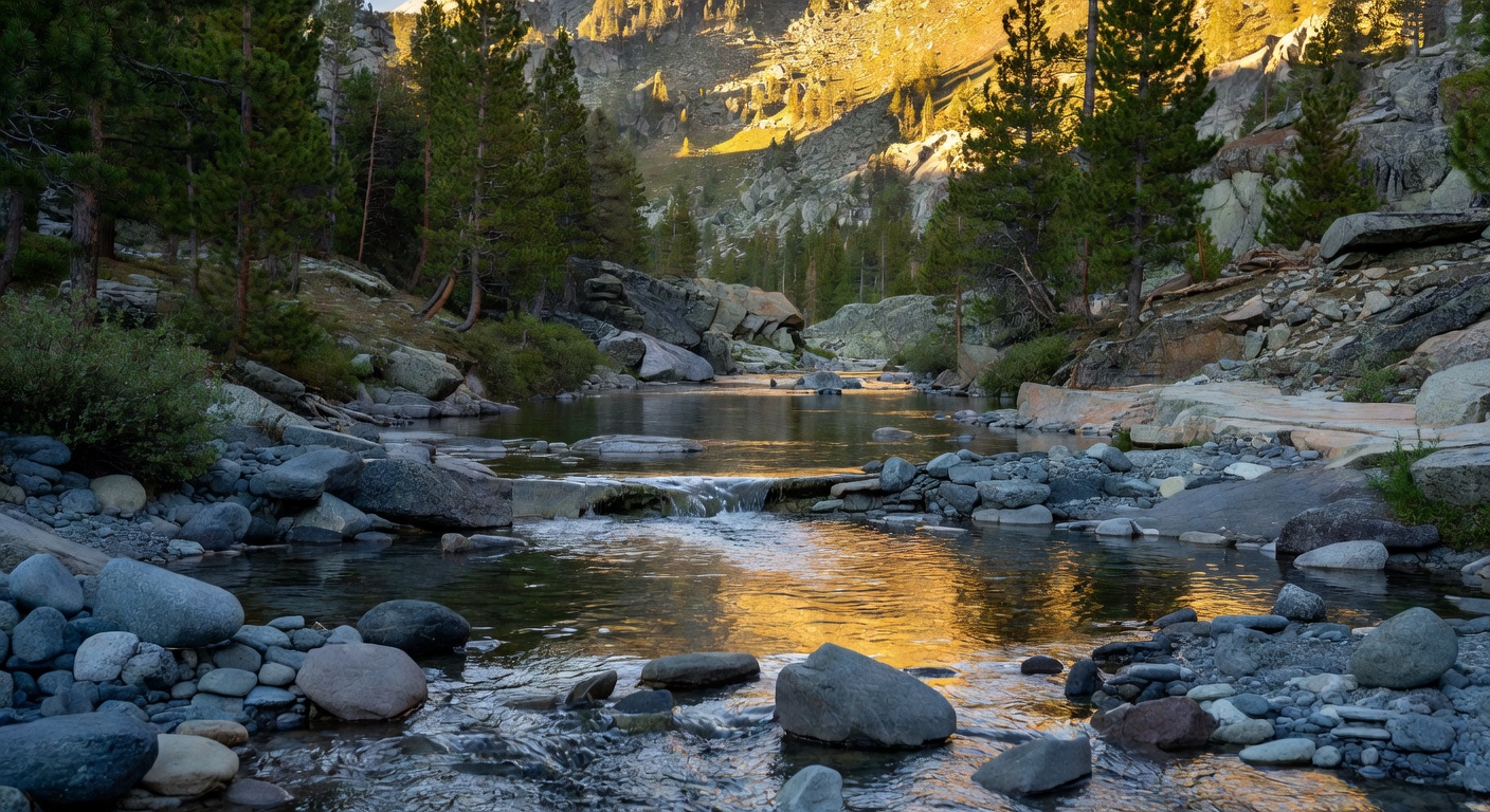 A wide alpine mountain stream cutting through smooth grey stones at late golden hour, clear water flowing past pine-edged slopes catching warm light.