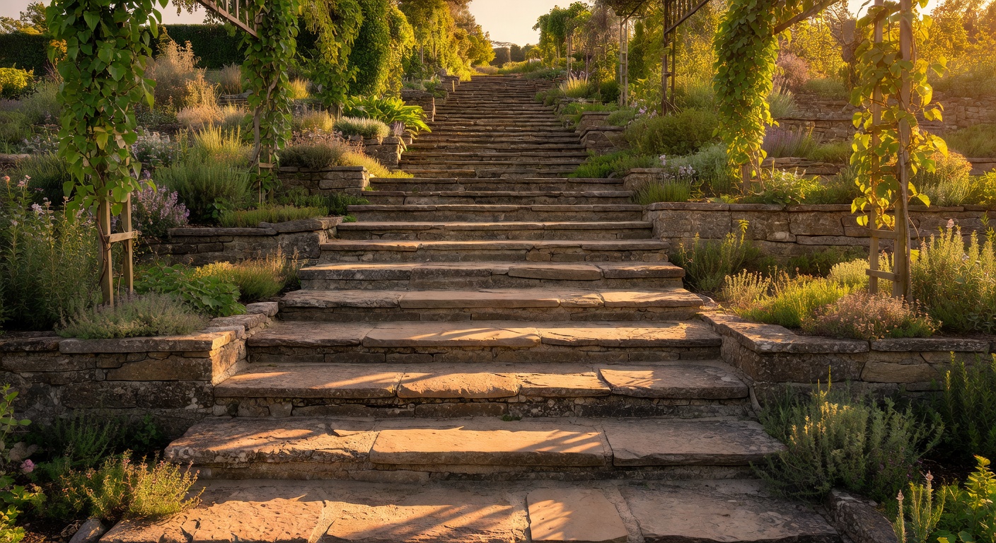A wide stone garden staircase ascending through layered terraced plantings at late afternoon golden hour, long shadows across weathered stone steps.