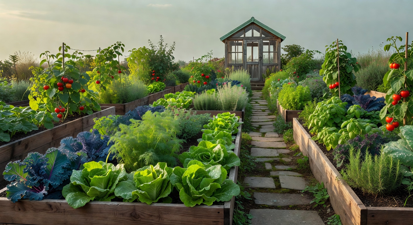 A wide kitchen garden in mid-morning light with raised wooden beds running into the distance toward a small greenhouse, dew on lettuce and kale in the foreground.