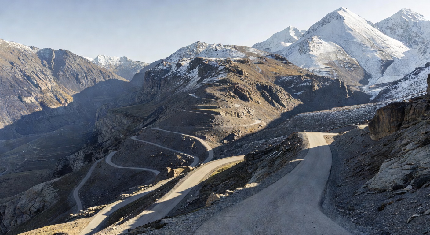 A wide mountain pass road taken from a high vantage, the paved road winding down through switchbacks toward a far ridge with snow-capped peaks on the right.